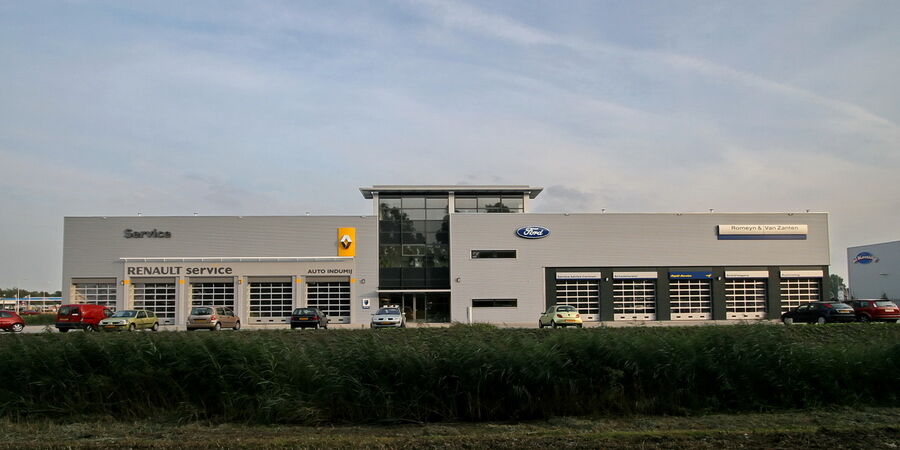 nieuwbouw garage showroom bedrijfspand Auto Indumij Zwijndrecht Brand I BBA Architecten